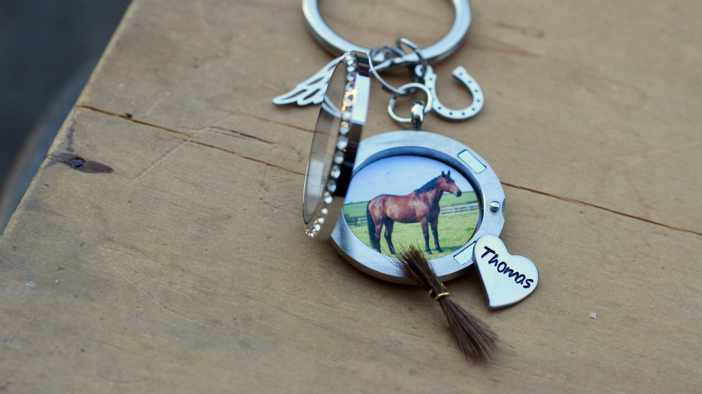 Custom Horse Memorial Keychain Locket with Photo Hair Ashes, Personalized Pet Loss Keepsake Gift, Rhinestone Stainless Steel Horse Keyring