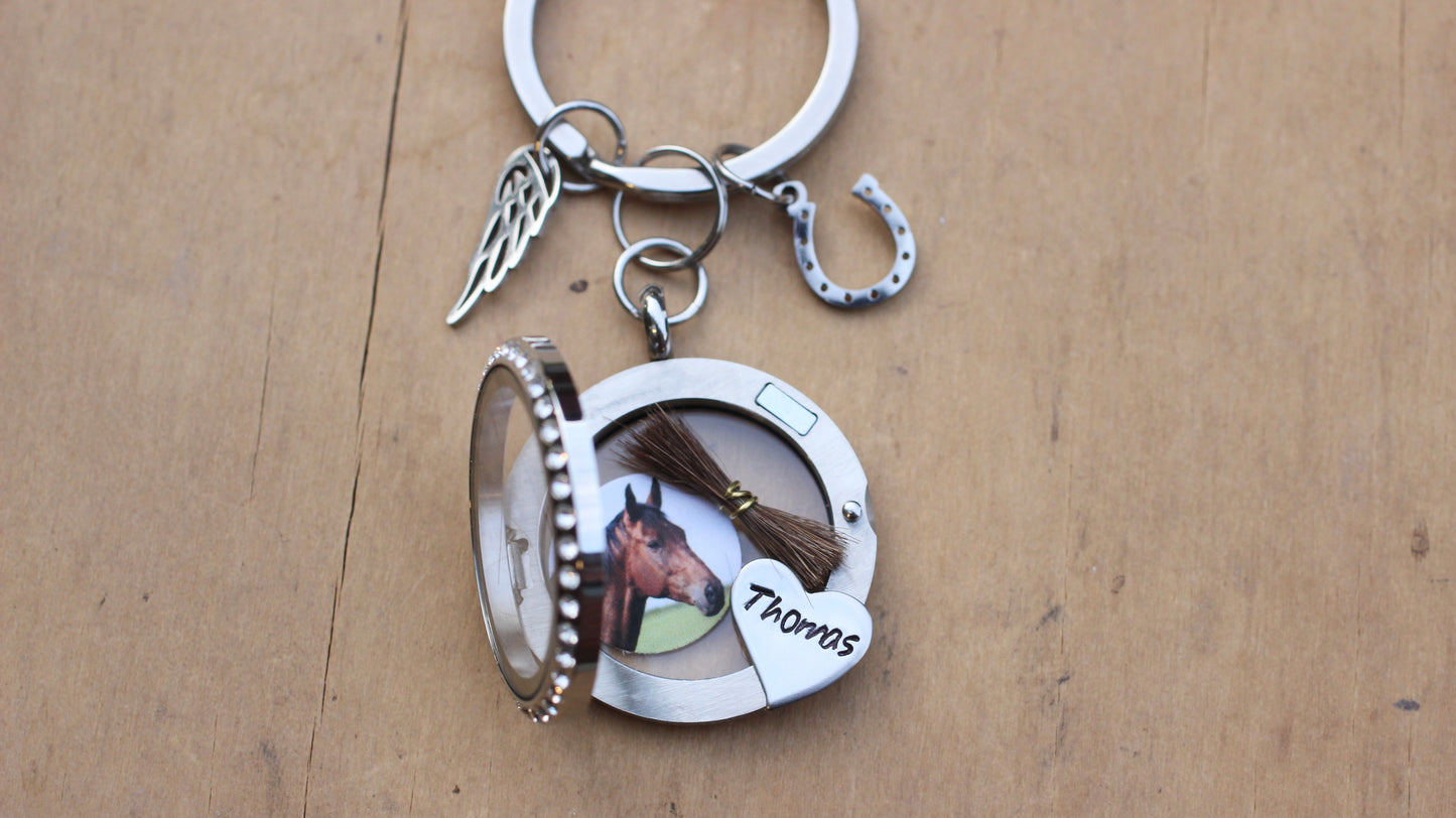 Custom Horse Memorial Keychain Locket with Photo Hair Ashes, Personalized Pet Loss Keepsake Gift, Rhinestone Stainless Steel Horse Keyring