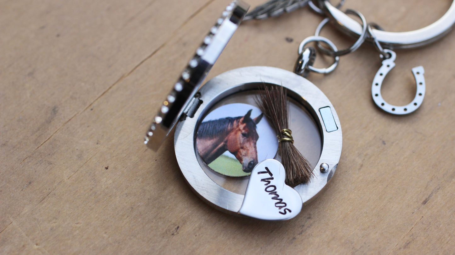 Custom Horse Memorial Keychain Locket with Photo Hair Ashes, Personalized Pet Loss Keepsake Gift, Rhinestone Stainless Steel Horse Keyring