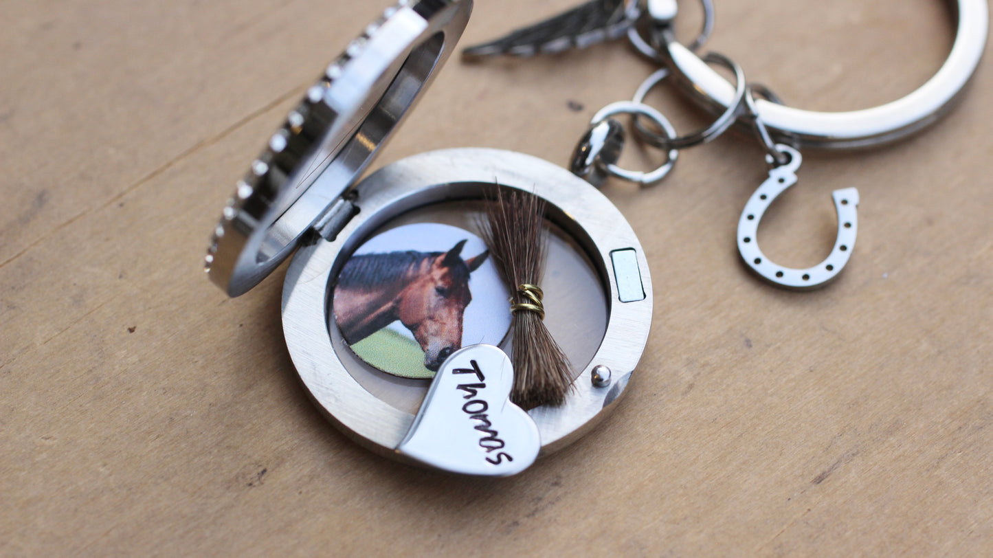 Custom Horse Memorial Keychain Locket with Photo Hair Ashes, Personalized Pet Loss Keepsake Gift, Rhinestone Stainless Steel Horse Keyring