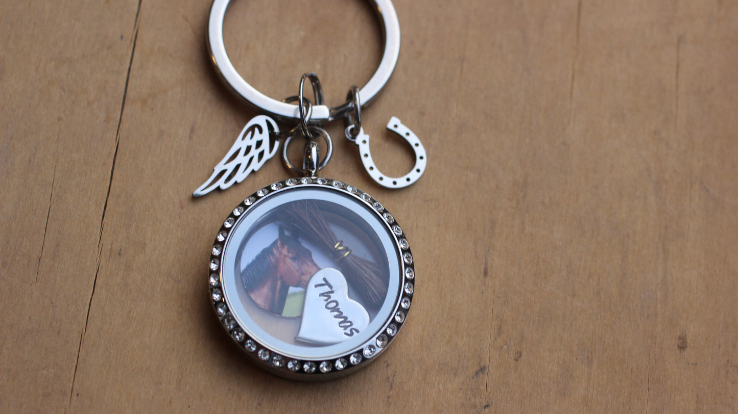 Custom Horse Memorial Keychain Locket with Photo Hair Ashes, Personalized Pet Loss Keepsake Gift, Rhinestone Stainless Steel Horse Keyring