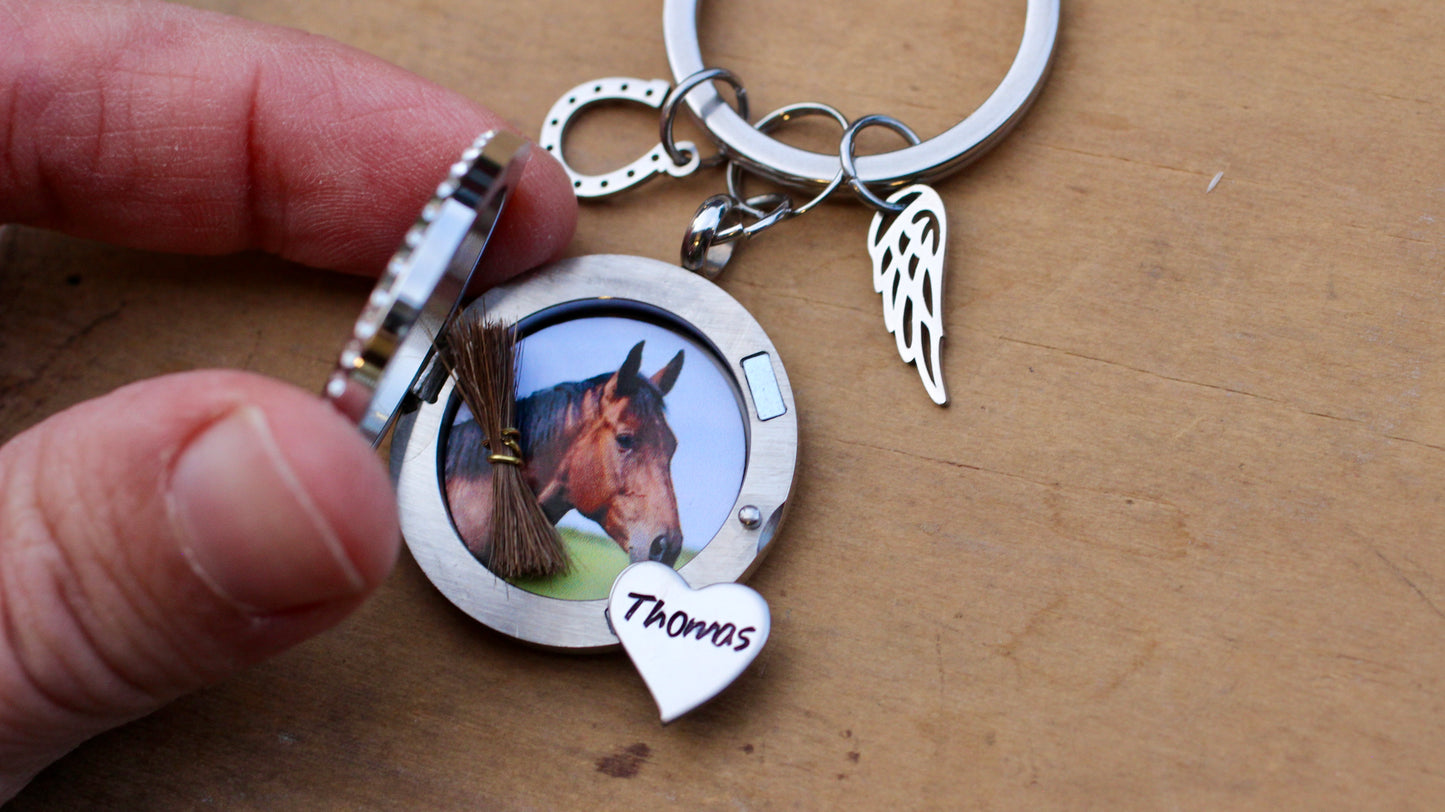 Custom Horse Memorial Keychain Locket with Photo Hair Ashes, Personalized Pet Loss Keepsake Gift, Rhinestone Stainless Steel Horse Keyring