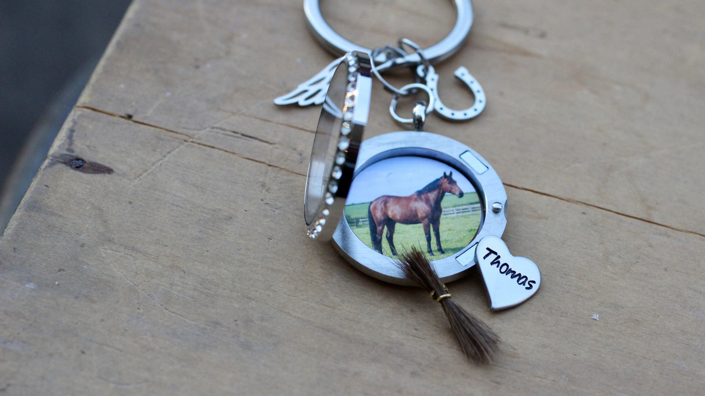 Custom Horse Memorial Keychain Locket with Photo Hair Ashes, Personalized Pet Loss Keepsake Gift, Rhinestone Stainless Steel Horse Keyring