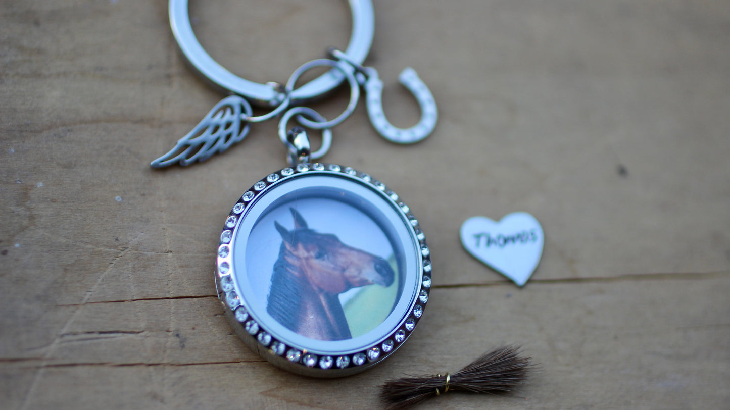 Custom Horse Memorial Keychain Locket with Photo Hair Ashes, Personalized Pet Loss Keepsake Gift, Rhinestone Stainless Steel Horse Keyring
