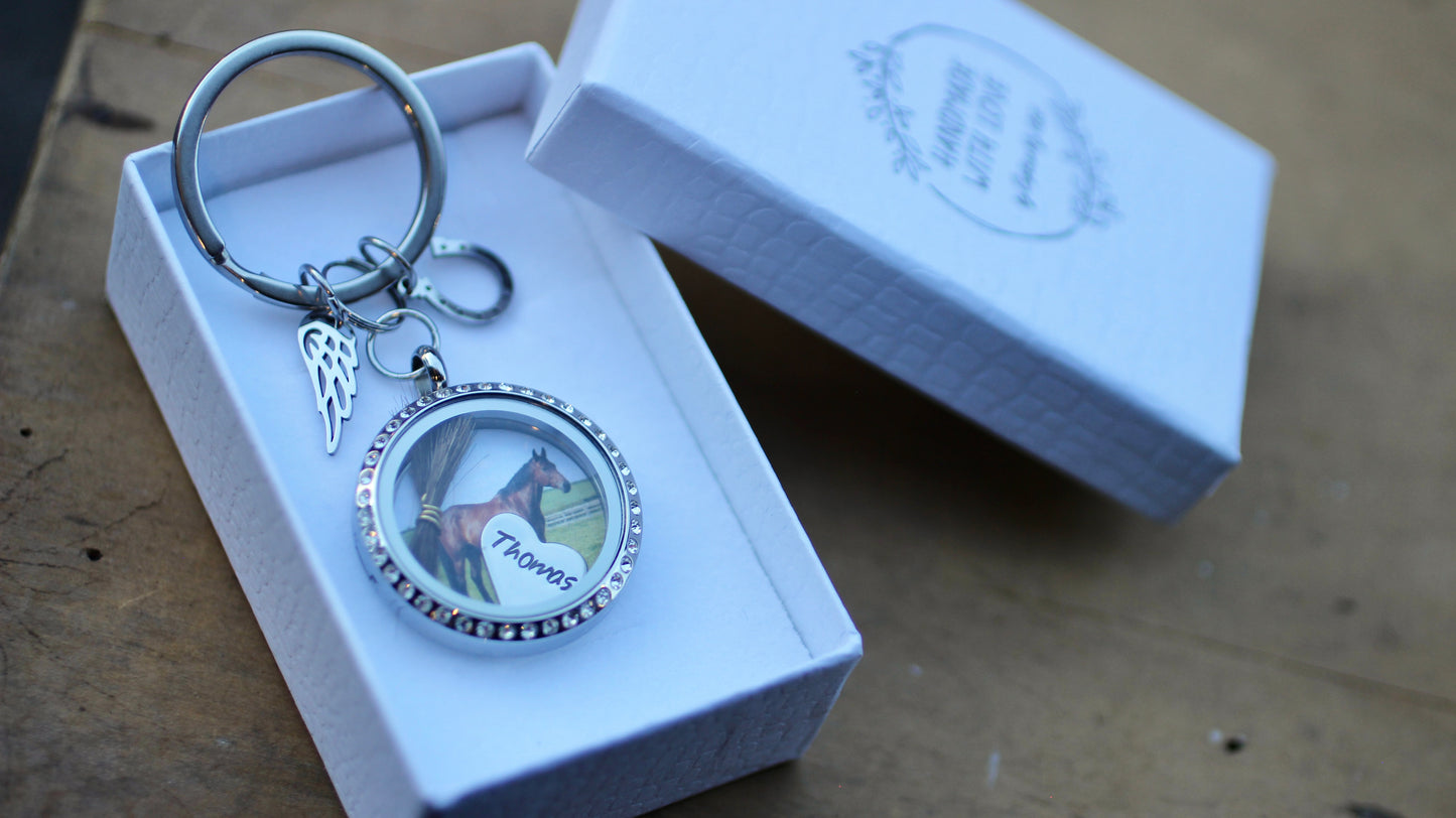 Custom Horse Memorial Keychain Locket with Photo Hair Ashes, Personalized Pet Loss Keepsake Gift, Rhinestone Stainless Steel Horse Keyring