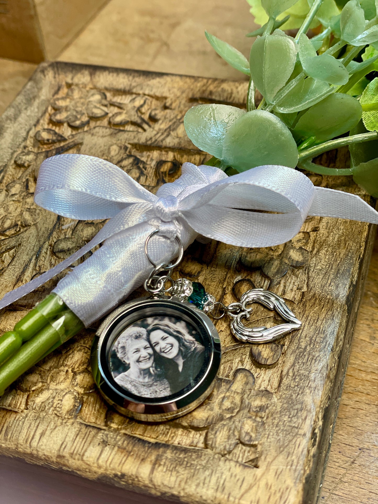 Something Blue Custom Bridal Bouquet Charm, Walk With Me Today Personalised Memorial Photo Locket Pendant, Bride Mother Father Remembrance
