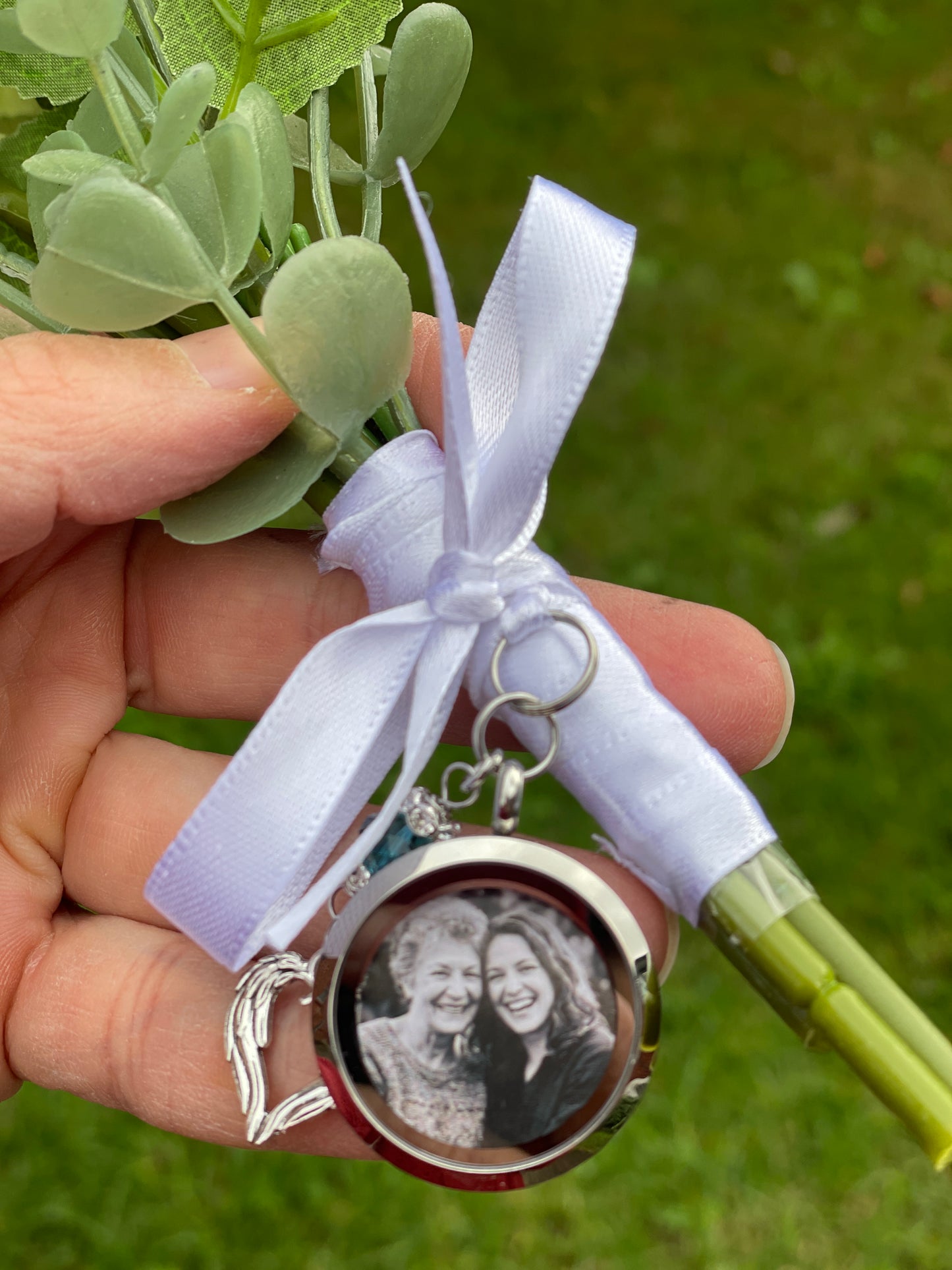 Something Blue Custom Bridal Bouquet Charm, Walk With Me Today Personalised Memorial Photo Locket Pendant, Bride Mother Father Remembrance