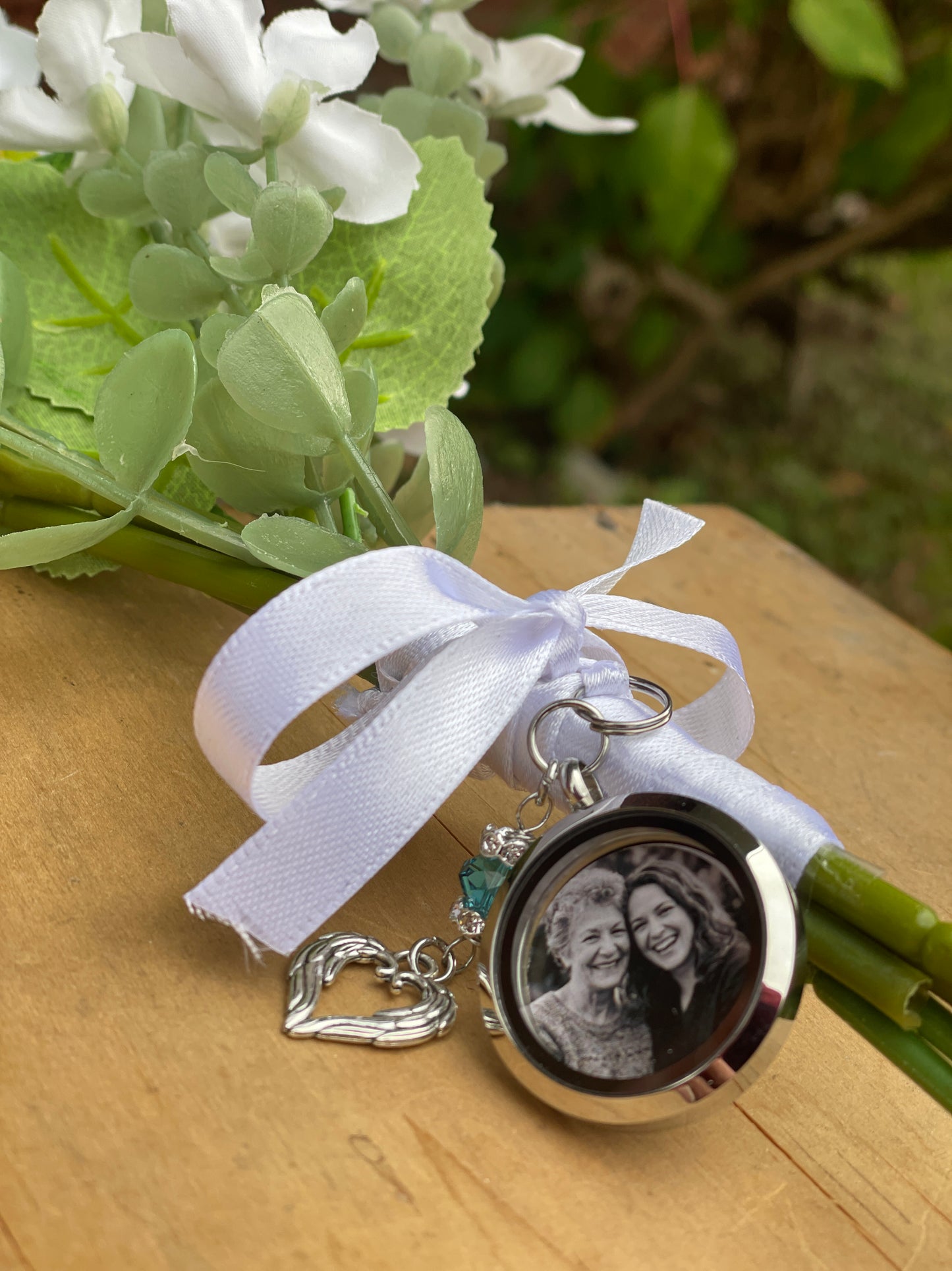 Something Blue Custom Bridal Bouquet Charm, Walk With Me Today Personalised Memorial Photo Locket Pendant, Bride Mother Father Remembrance