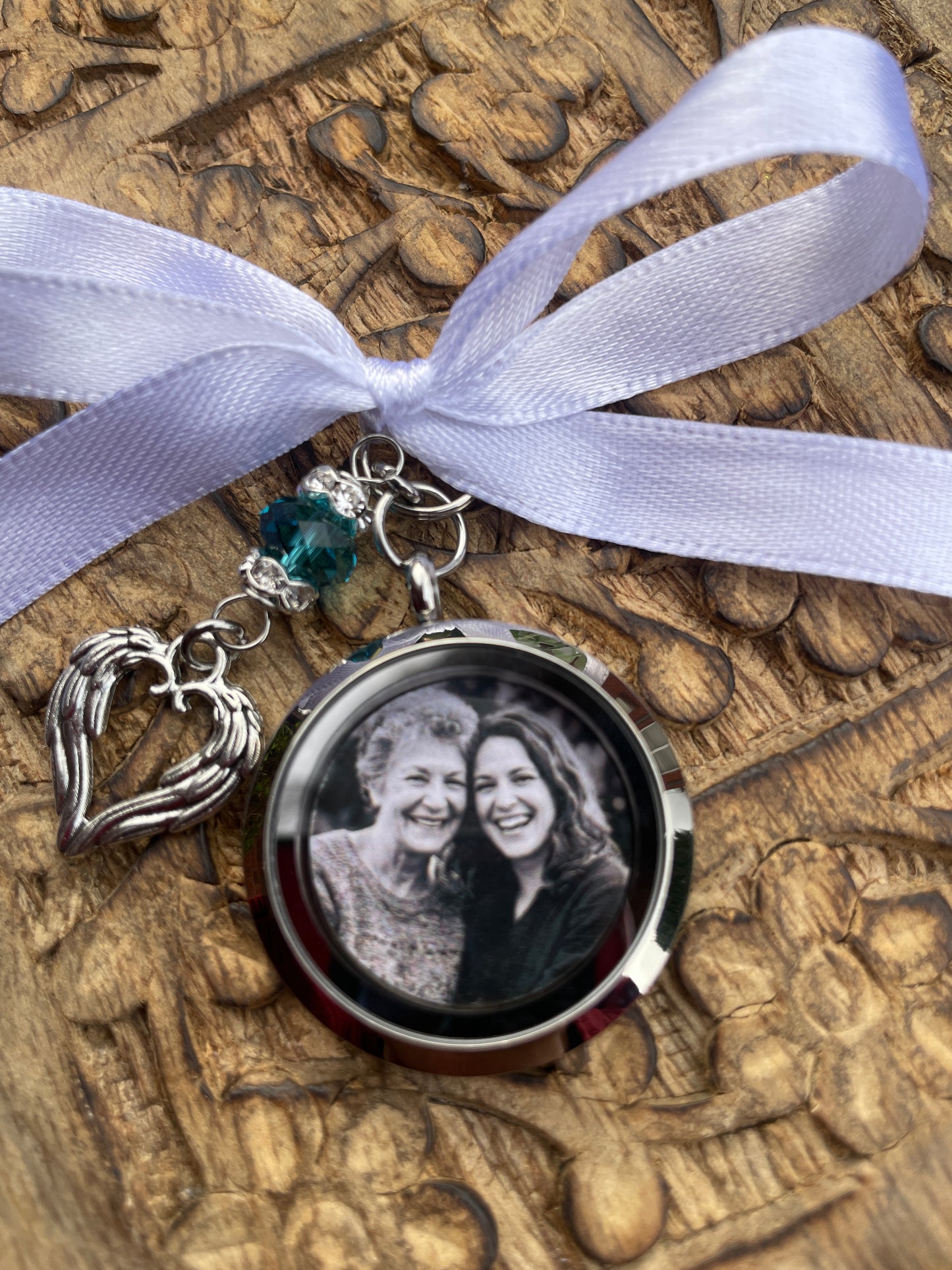 Something Blue Custom Bridal Bouquet Charm, Walk With Me Today Personalised Memorial Photo Locket Pendant, Bride Mother Father Remembrance