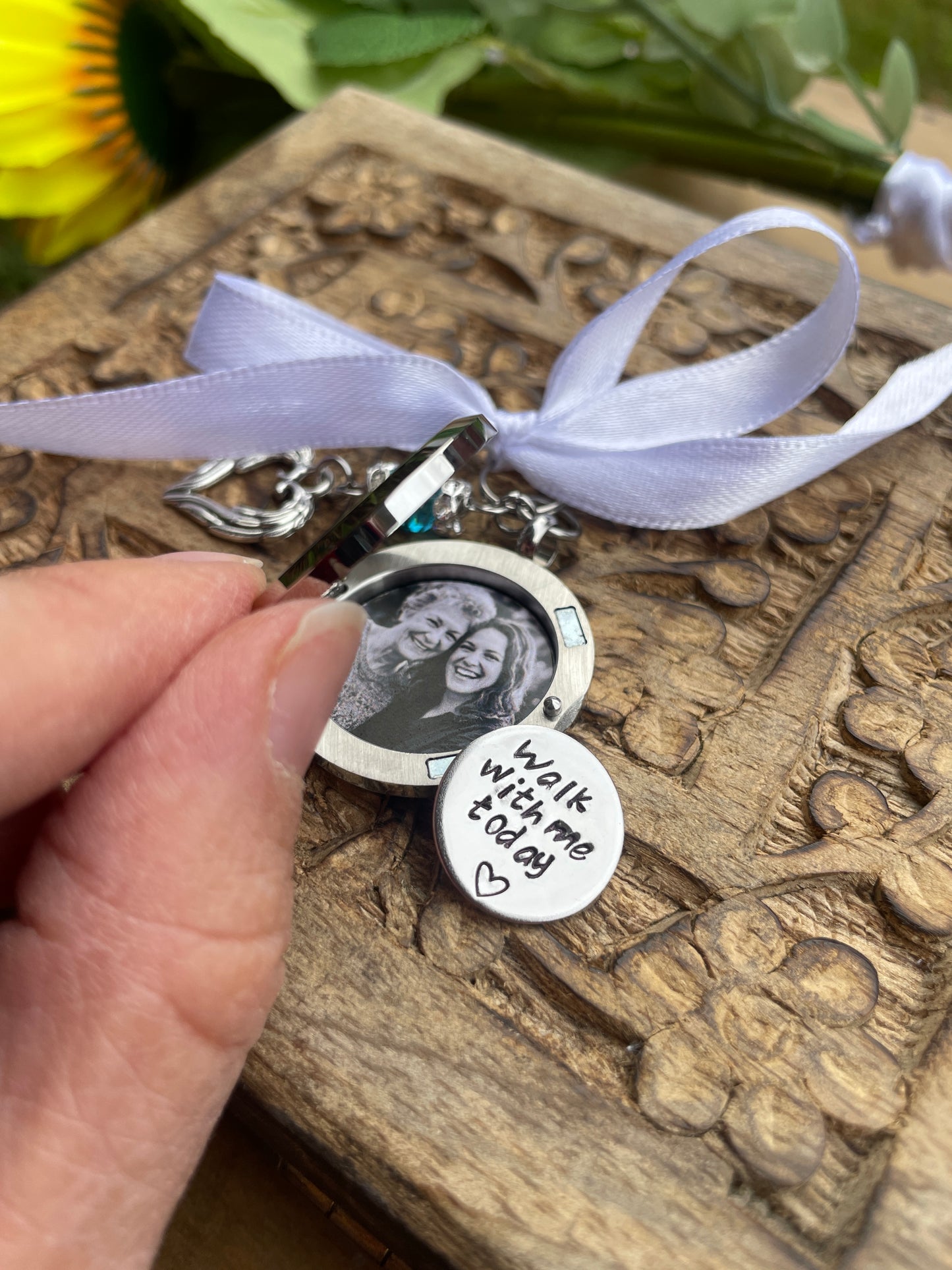 Something Blue Custom Bridal Bouquet Charm, Walk With Me Today Personalised Memorial Photo Locket Pendant, Bride Mother Father Remembrance