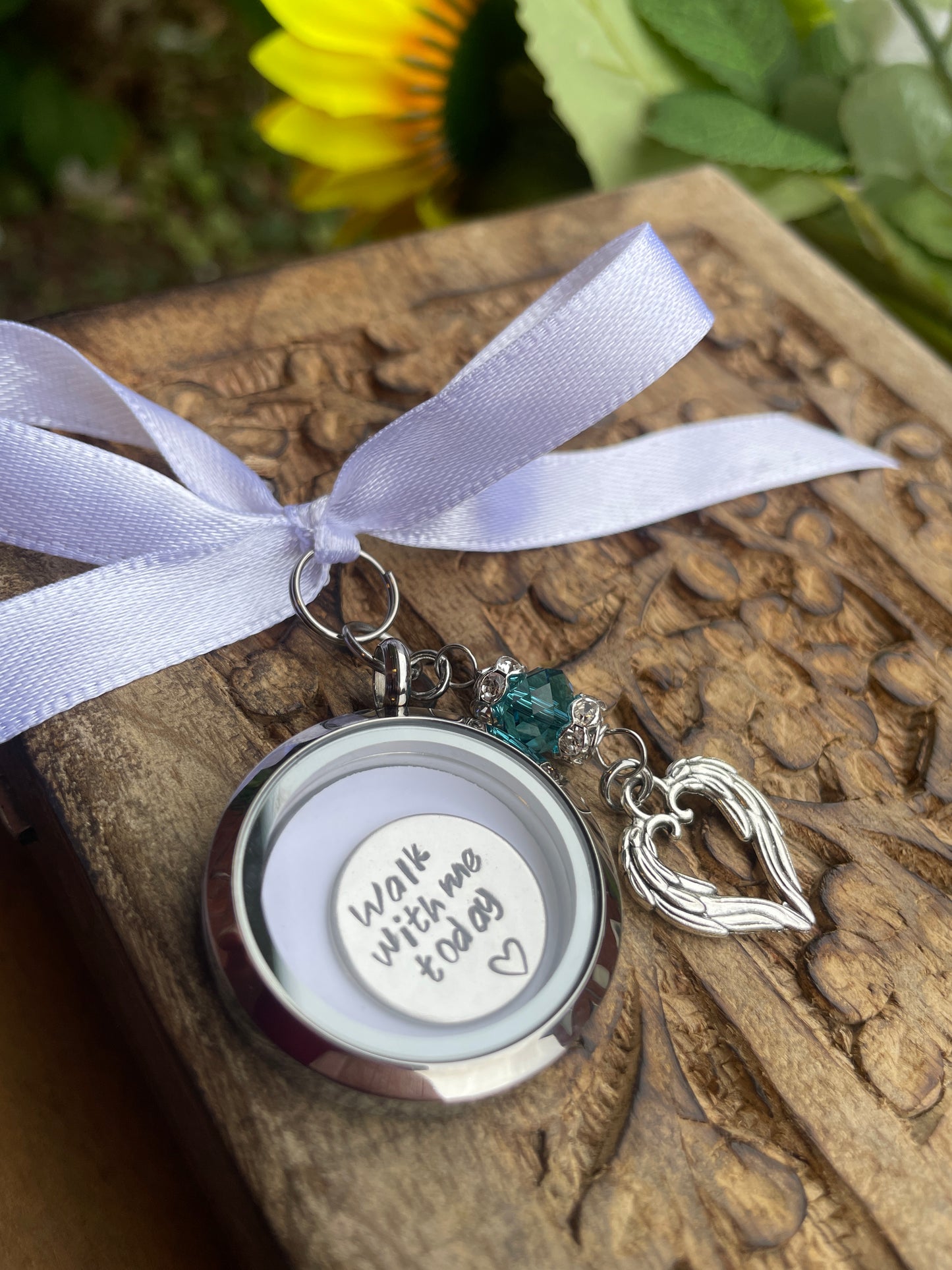 Something Blue Custom Bridal Bouquet Charm, Walk With Me Today Personalised Memorial Photo Locket Pendant, Bride Mother Father Remembrance