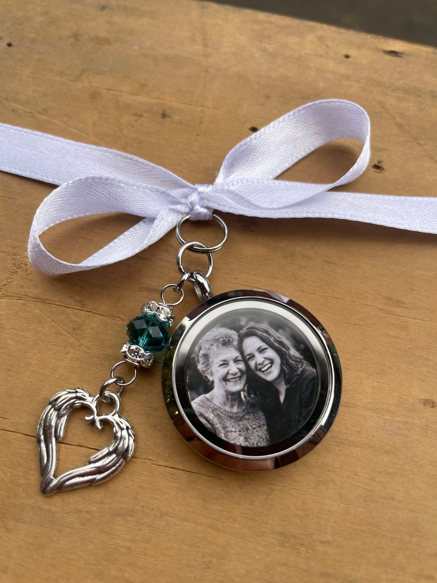 Something Blue Custom Bridal Bouquet Charm, Walk With Me Today Personalised Memorial Photo Locket Pendant, Bride Mother Father Remembrance