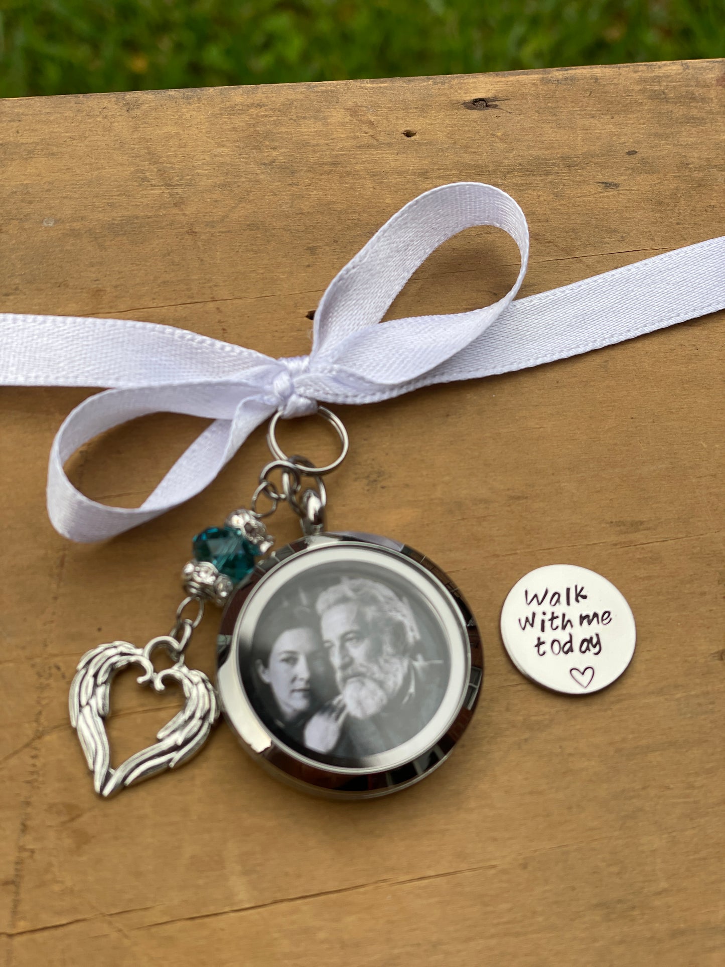 Something Blue Custom Bridal Bouquet Charm, Walk With Me Today Personalised Memorial Photo Locket Pendant, Bride Mother Father Remembrance