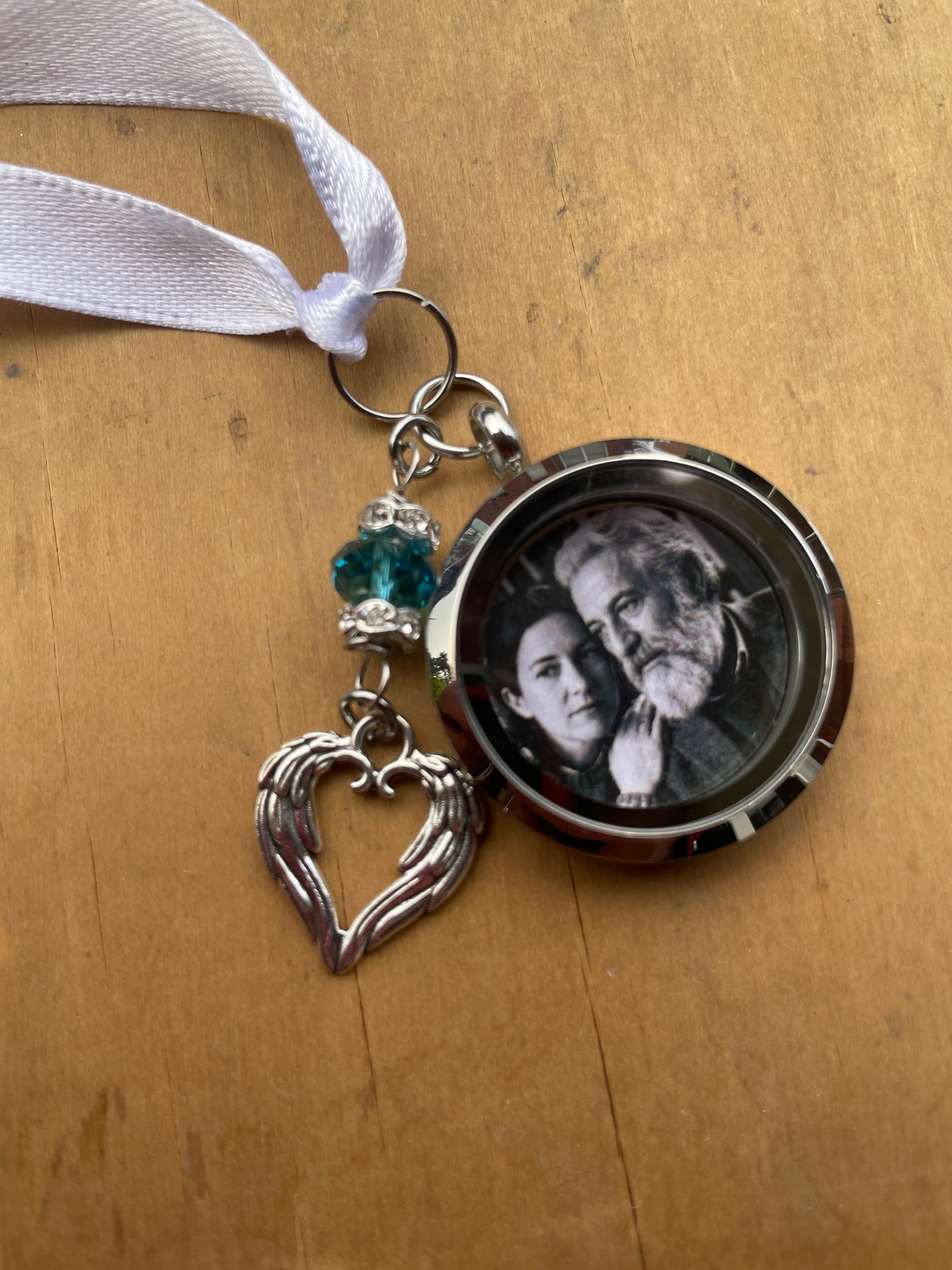 Something Blue Custom Bridal Bouquet Charm, Walk With Me Today Personalised Memorial Photo Locket Pendant, Bride Mother Father Remembrance