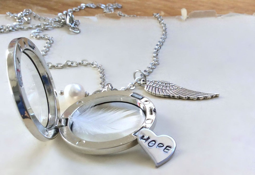Hope Necklace, Hand-stamped Jewellery, Floating Locket, Hand Stamped Necklace, Memory Locket, Word Necklace, Keepsake, Angel Wing Necklace